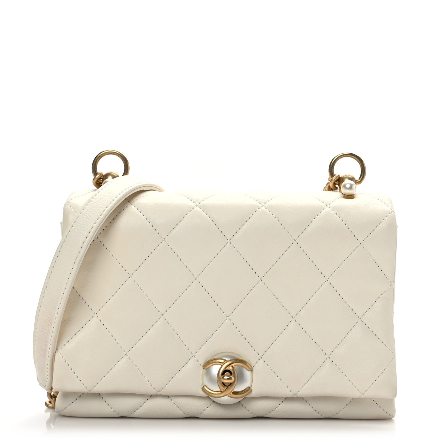 Calfskin Quilted Accordion Pearl CC Flap Bag White