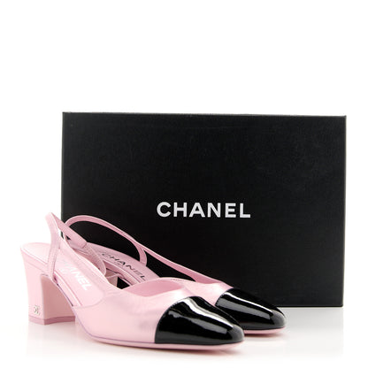 Chanel Laminated Lambskin Patent Cap Toe CC Slingback Pumps 38 Light Pink Black 9 of 9