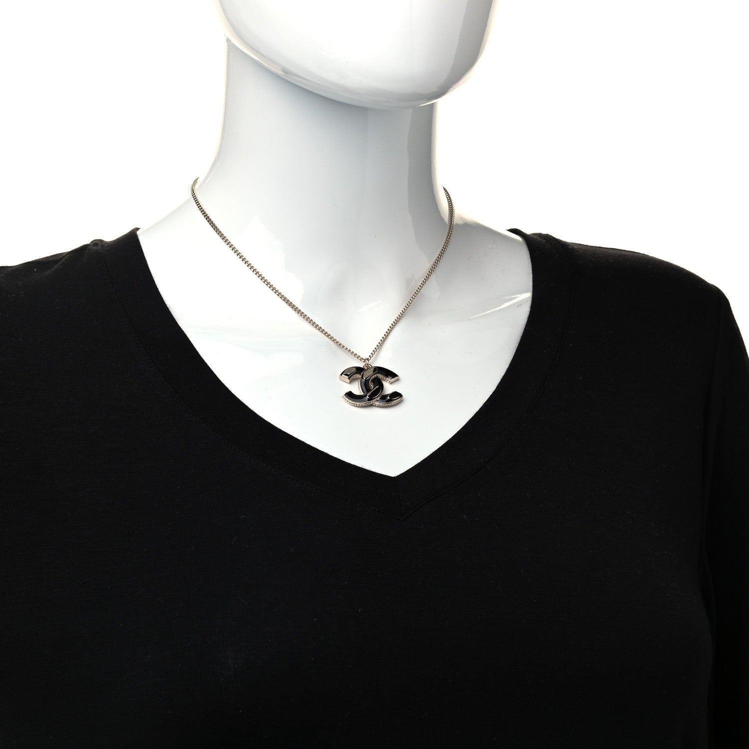 Chanel Enamel CC Pendant Necklace Black Light Gold 2 of 6