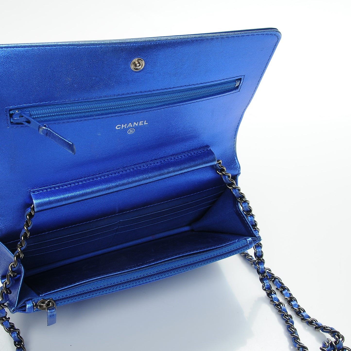 Metallic Patent Calfskin Quilted Boy Wallet On Chain WOC Blue
