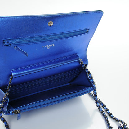 Chanel Metallic Patent Calfskin Quilted Boy Wallet On Chain WOC Blue 5 of 10
