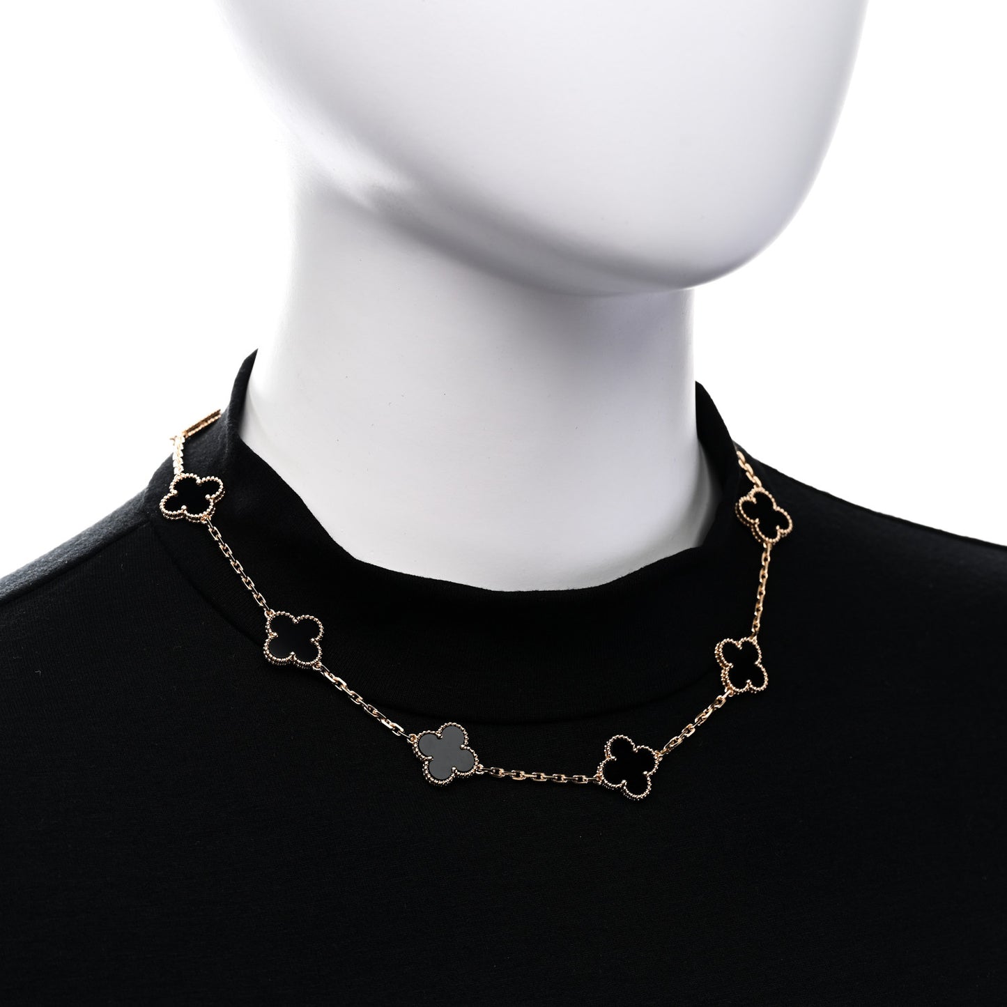 18K Yellow Gold Black Onyx 10 Motifs Vintage Alhambra Necklace