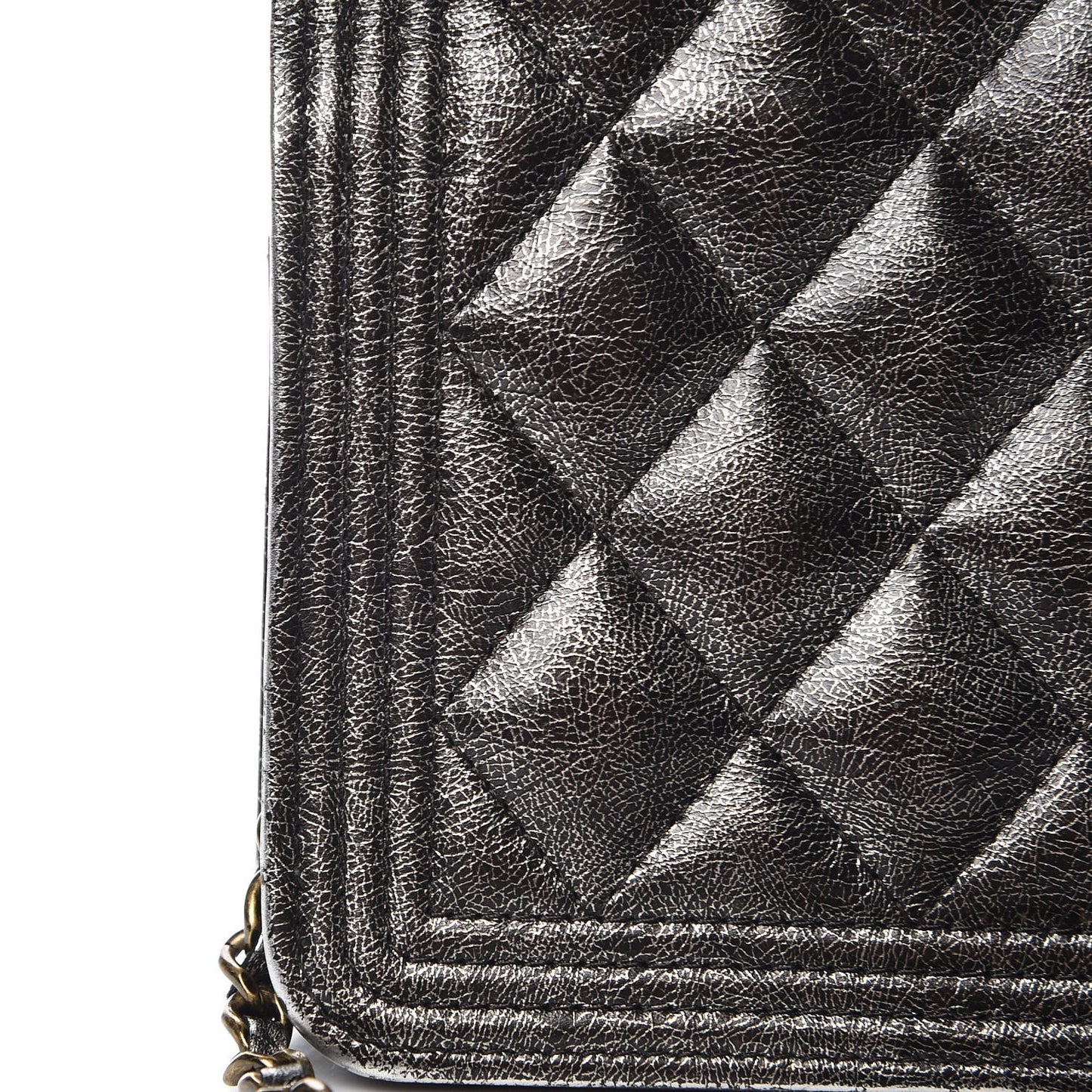 Cracked Metallic Calfskin Quilted Boy Wallet On Chain WOC Dark Silver