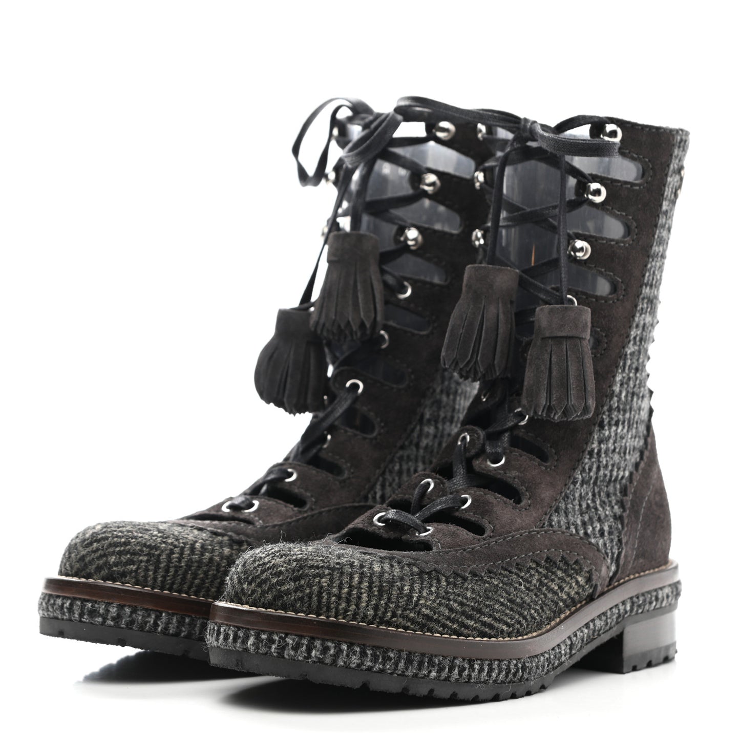 Tweed Suede Lace Up Boots 35.5 Brown