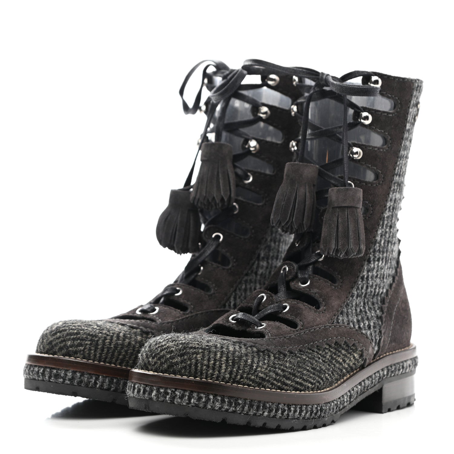 Chanel Tweed Suede Lace Up Boots 35.5 Brown 3 of 8