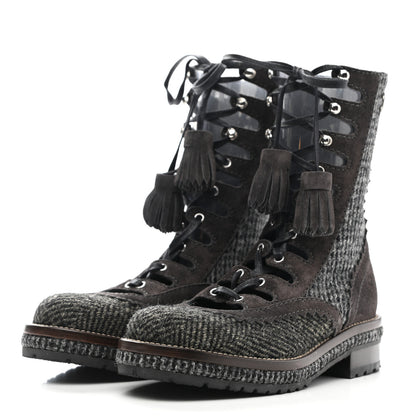 Chanel Tweed Suede Lace Up Boots 35.5 Brown 3 of 8