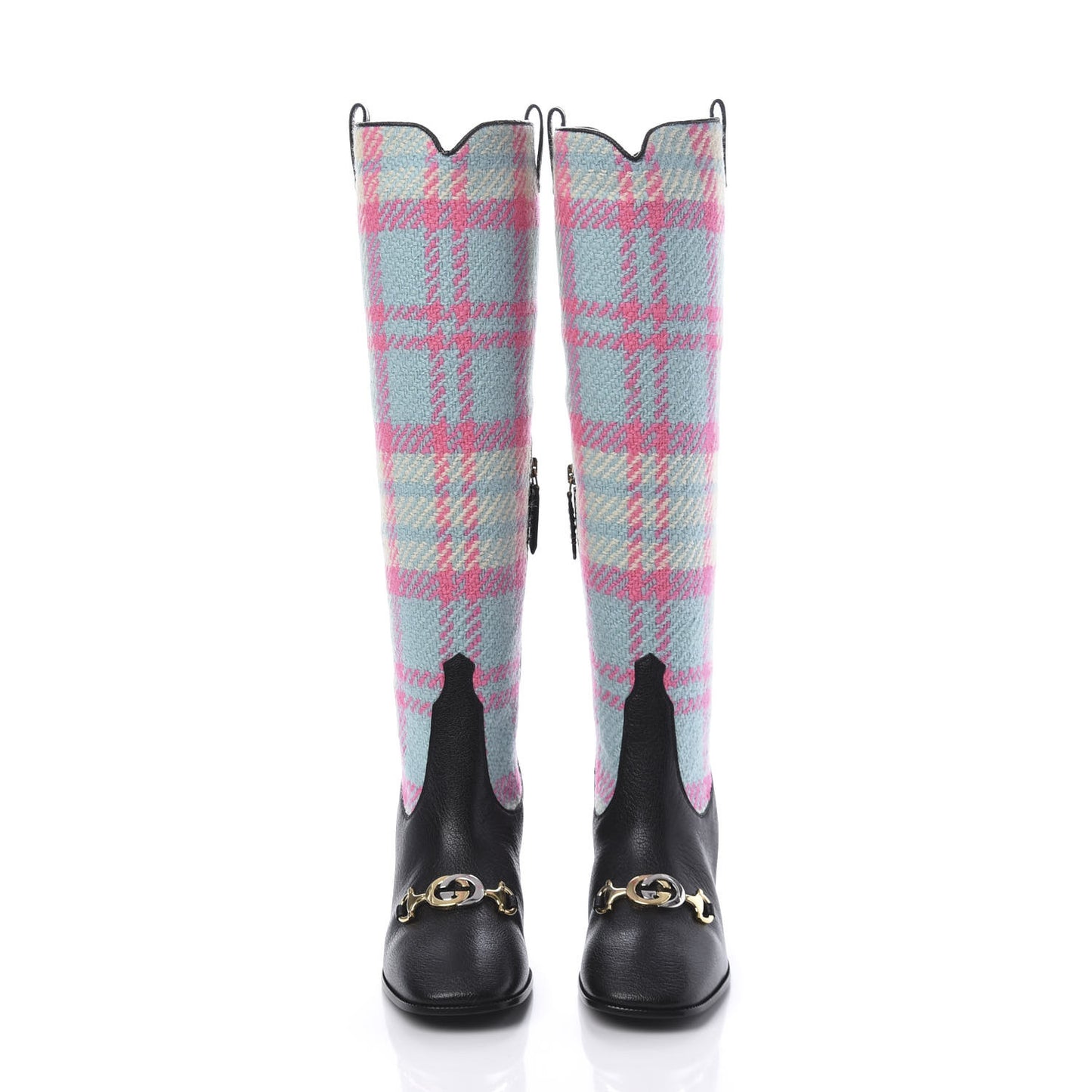 Tweed Wrinkled Kid Plaid Zumi Knee Boots 37 Black Pink Blue