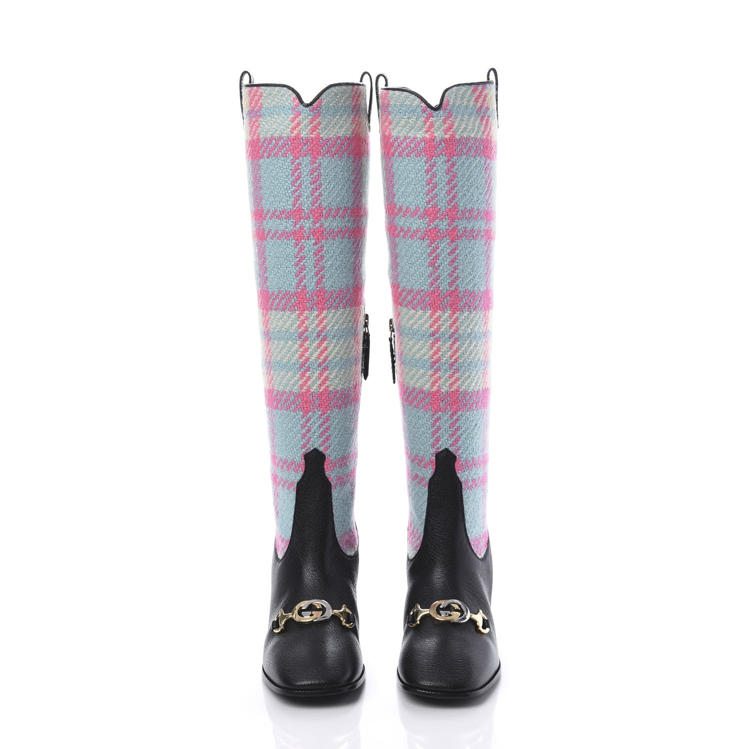 Gucci Tweed Wrinkled Kid Plaid Zumi Knee Boots 37 Black Pink Blue 2 of 8