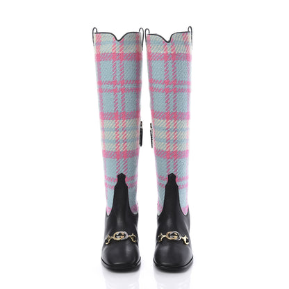 Gucci Tweed Wrinkled Kid Plaid Zumi Knee Boots 37 Black Pink Blue 2 of 8