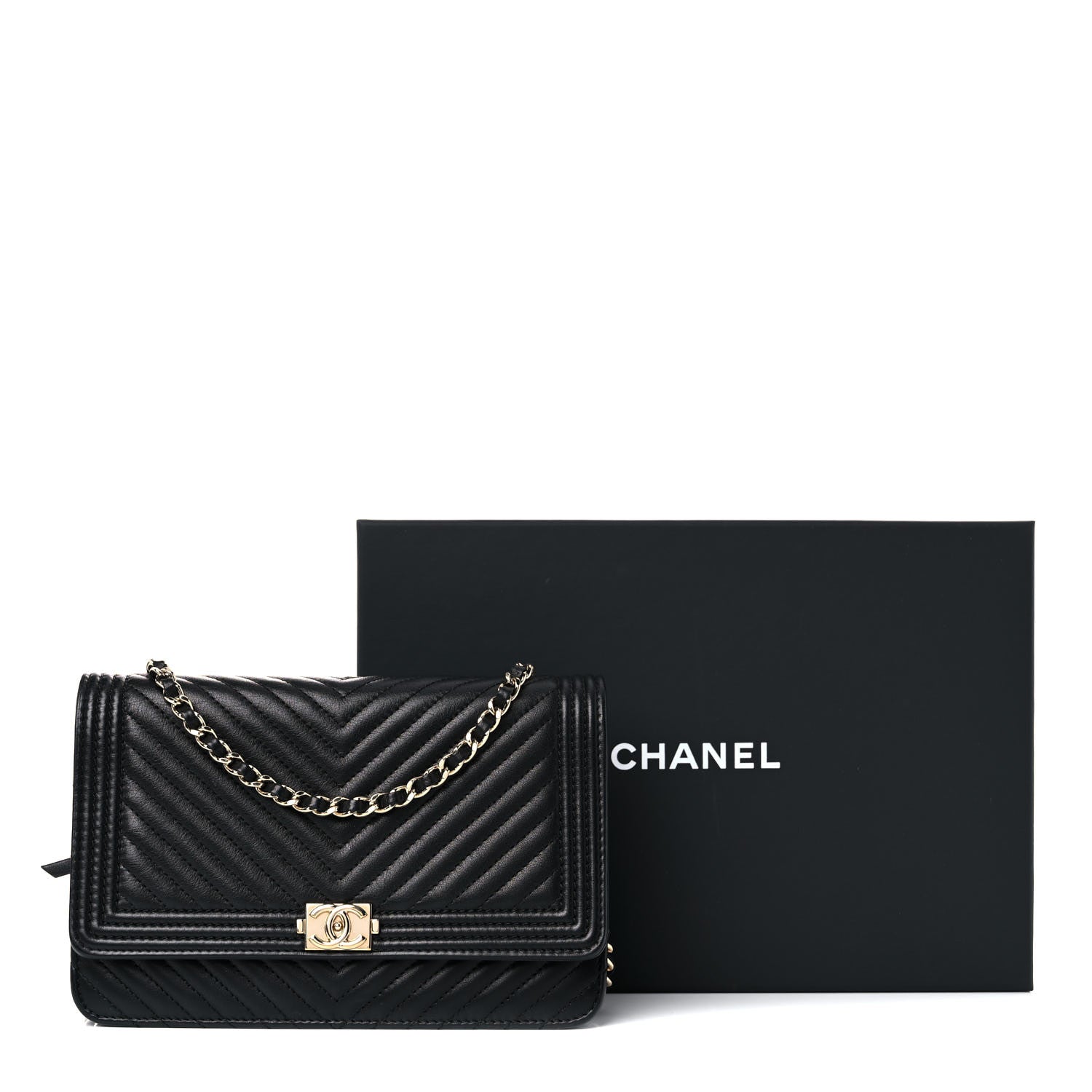 Chanel Calfskin Chevron Boy Wallet On Chain WOC Black 15 of 15