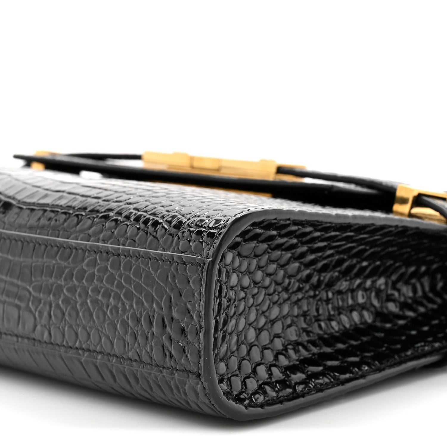 Saint Laurent Shiny Calfskin Crocodile Embossed Small Manhattan Baguette Black 9 of 12