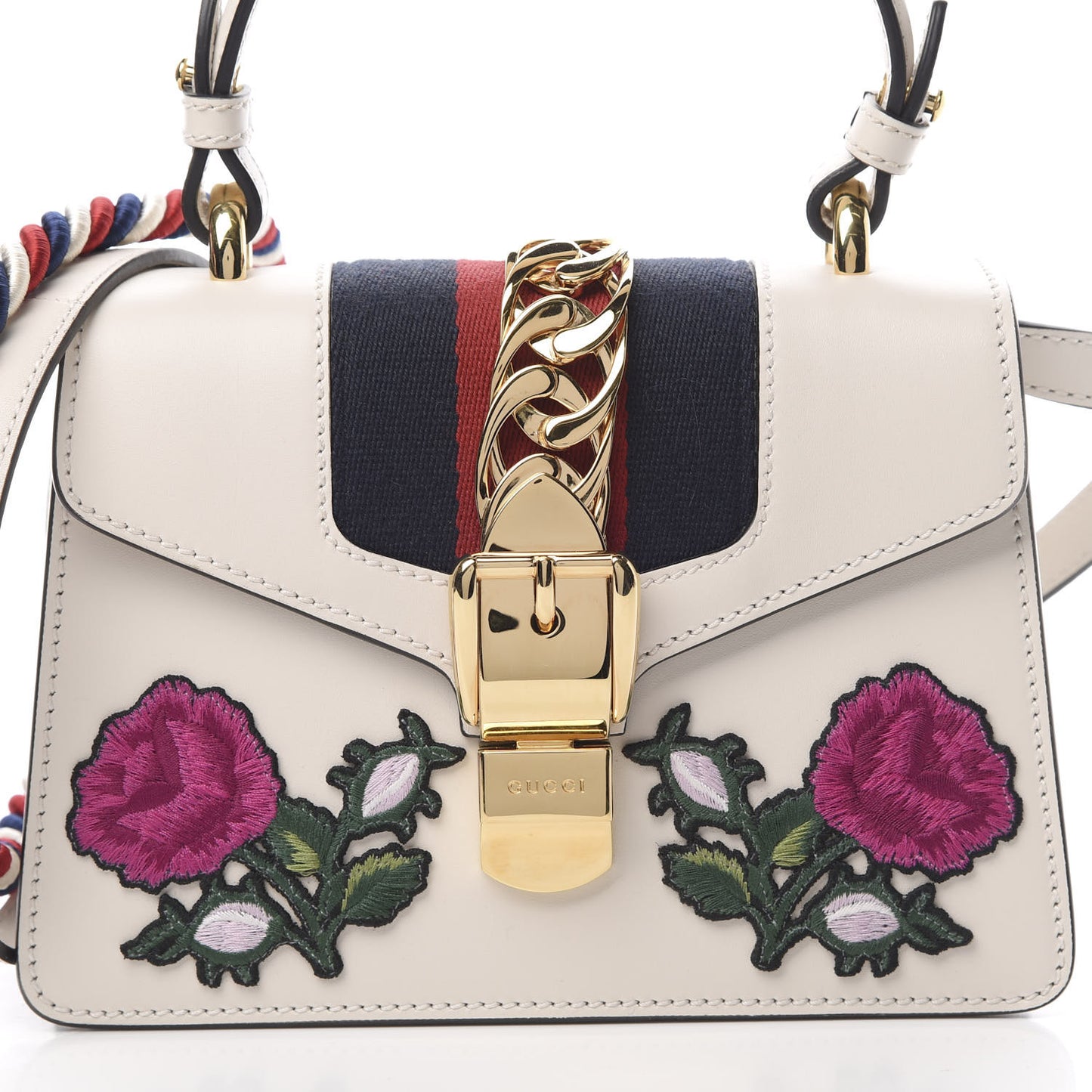 Calfskin Embroidered Mini Sylvie Top Handle Bag White
