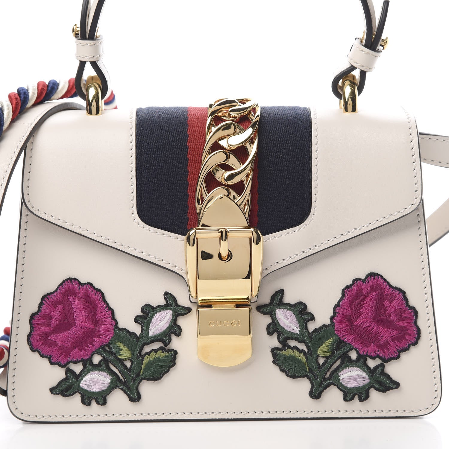 Gucci Calfskin Embroidered Mini Sylvie Top Handle Bag White 9 of 14