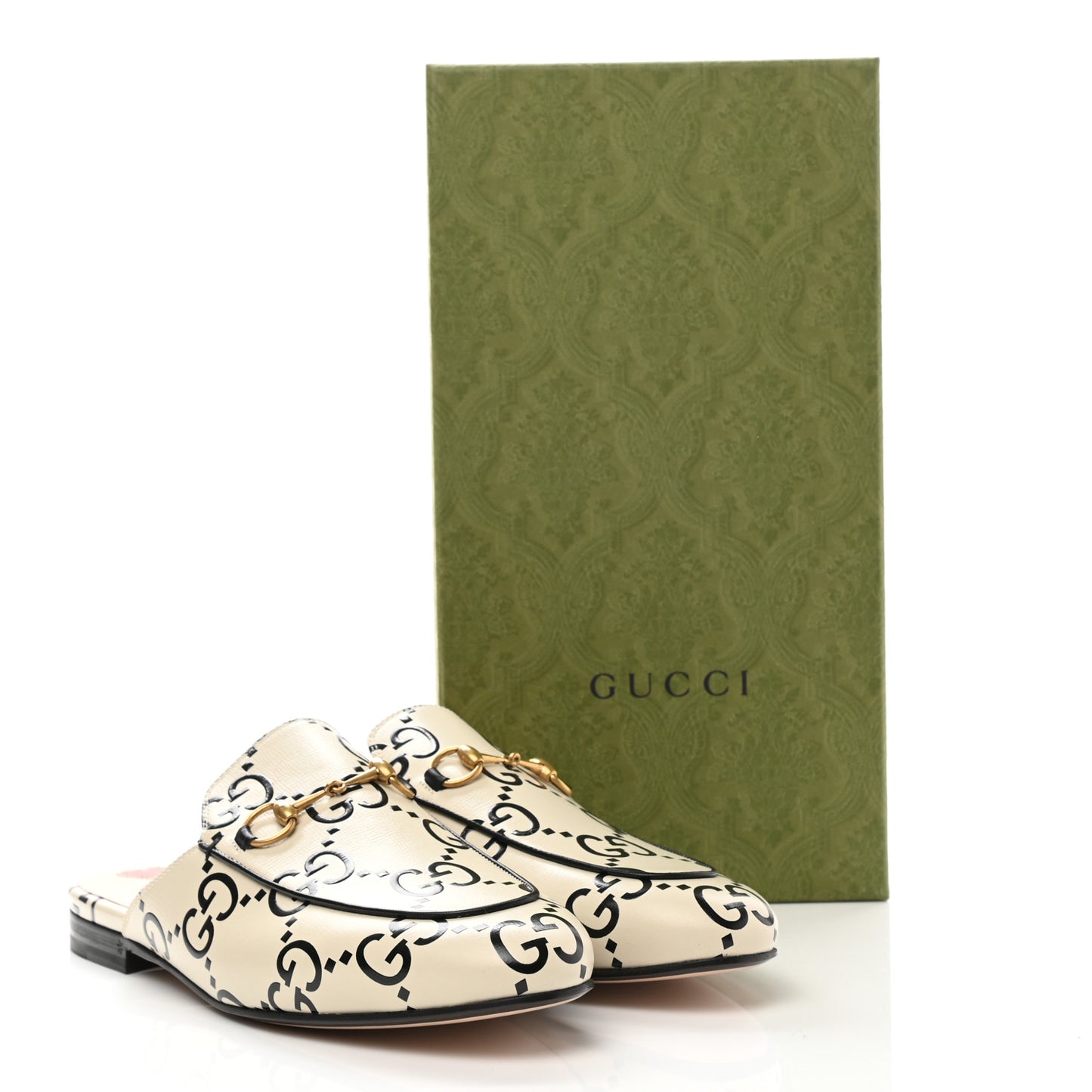 Azalea Calfskin GG Monogram Bi-Color Debossed Womens Princetown Slippers 40 Mystic White Black