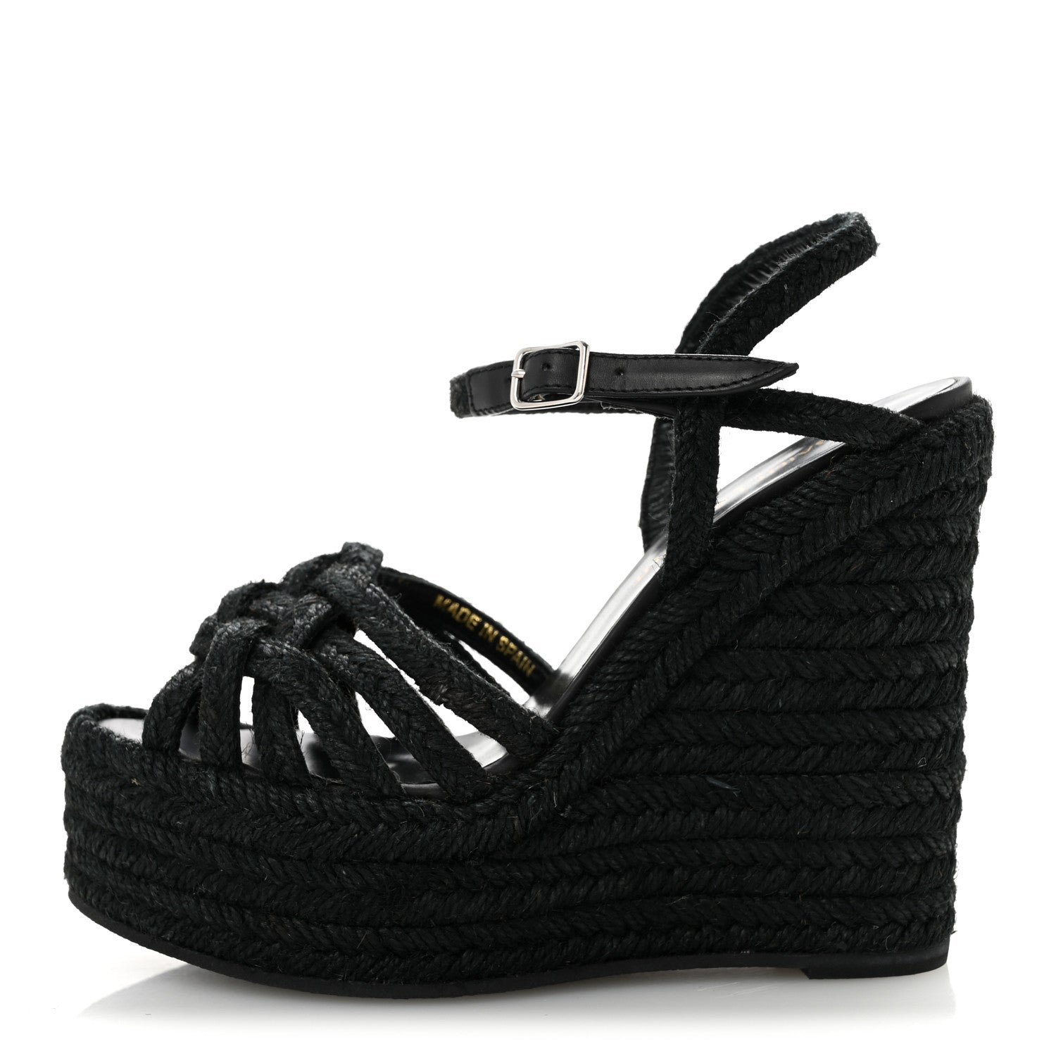 Saint Laurent Raffia Calfskin Platform Espadrille Wedge Sandals 35 Black 1 of 9