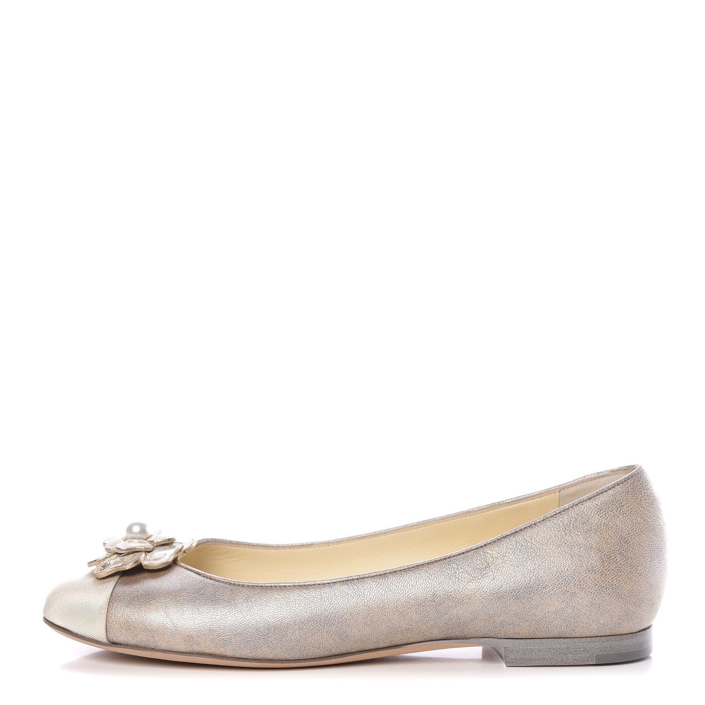 Metallic Lambskin Grosgrain Camellia Cap Toe Ballerina Flats 39.5 Beige