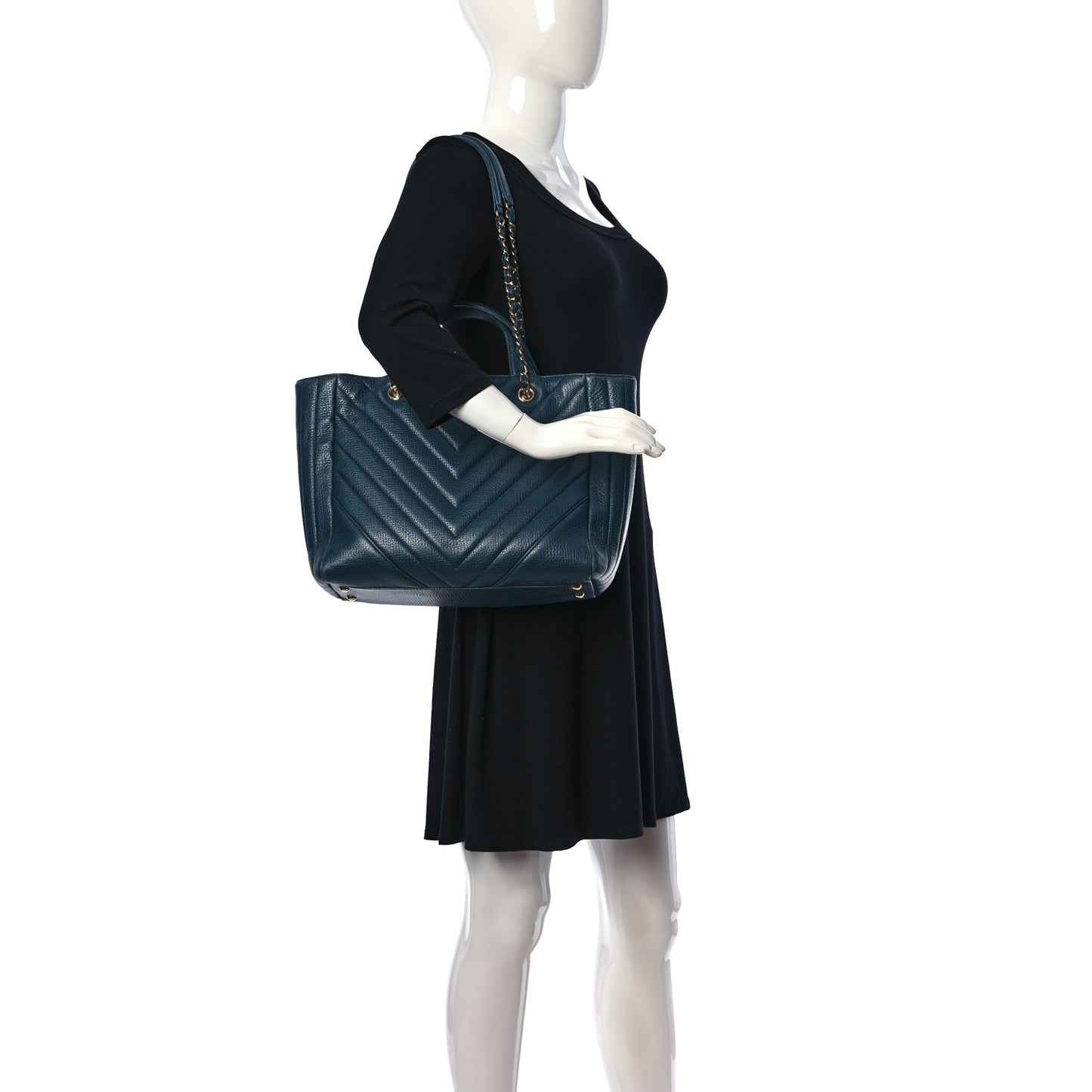 Calfskin Chevron Quilted Large Shopping Tote Blue