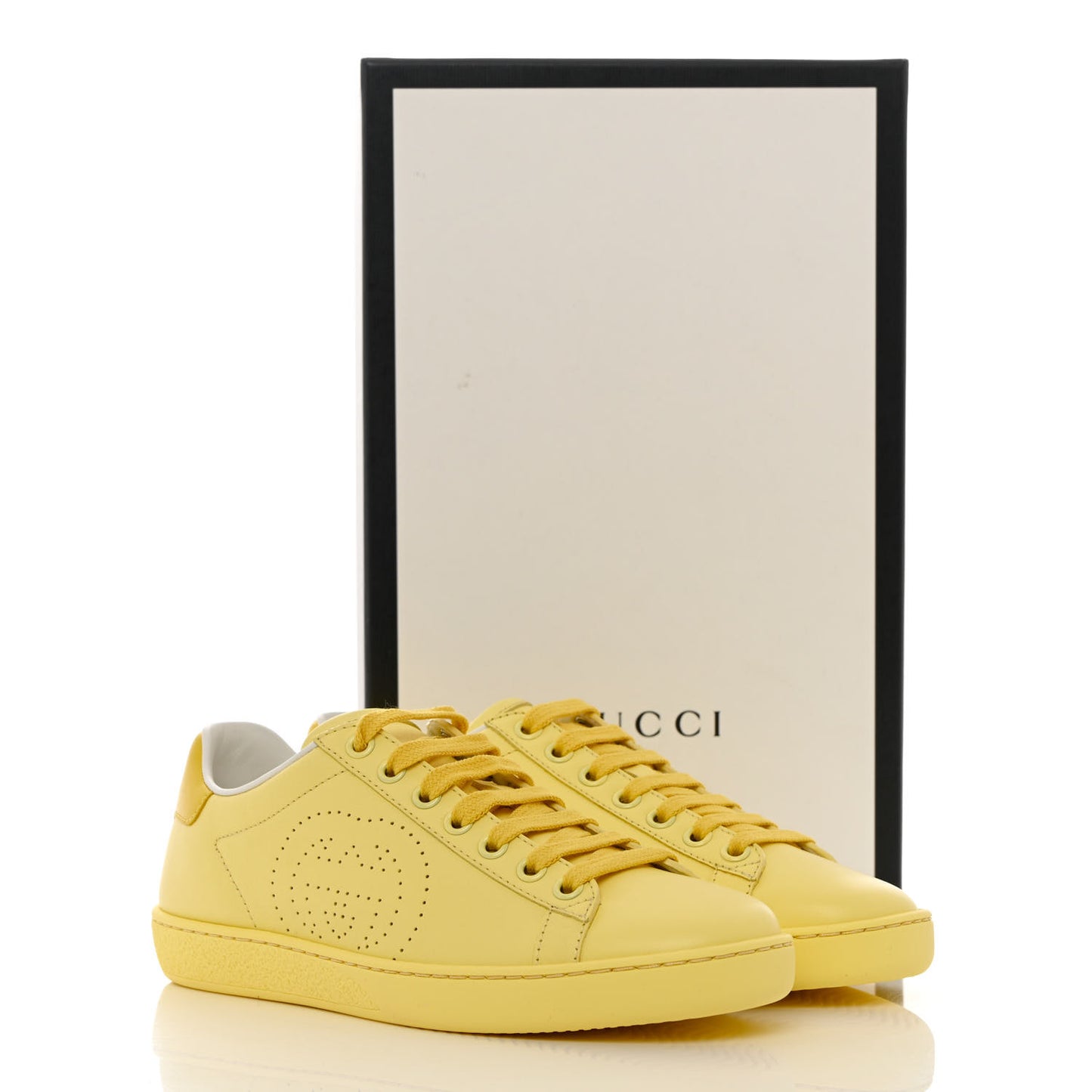 Calfskin Interlocking G Perforated Womens Ace Sneakers 35 Banana Straw Yellow