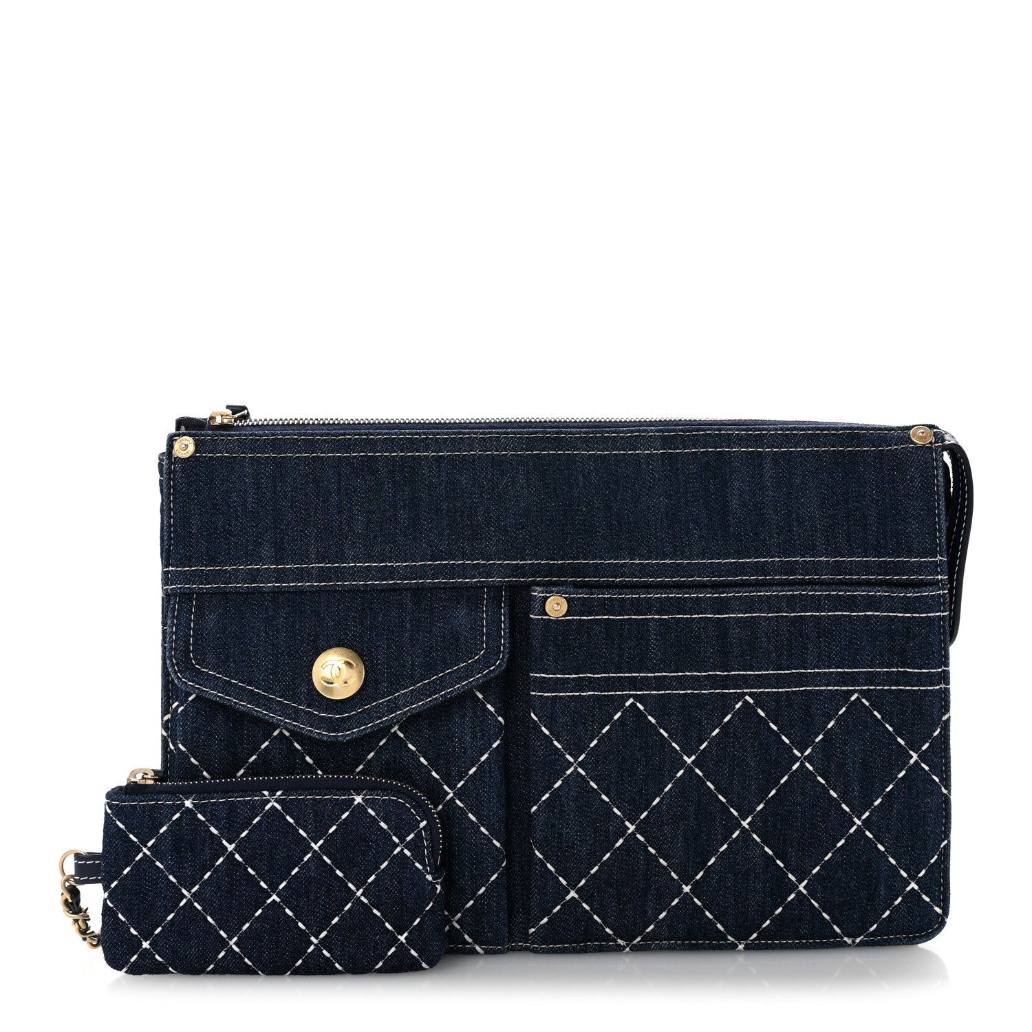 Chanel Denim Quilted Zipped Clutch Blue 3 of 12