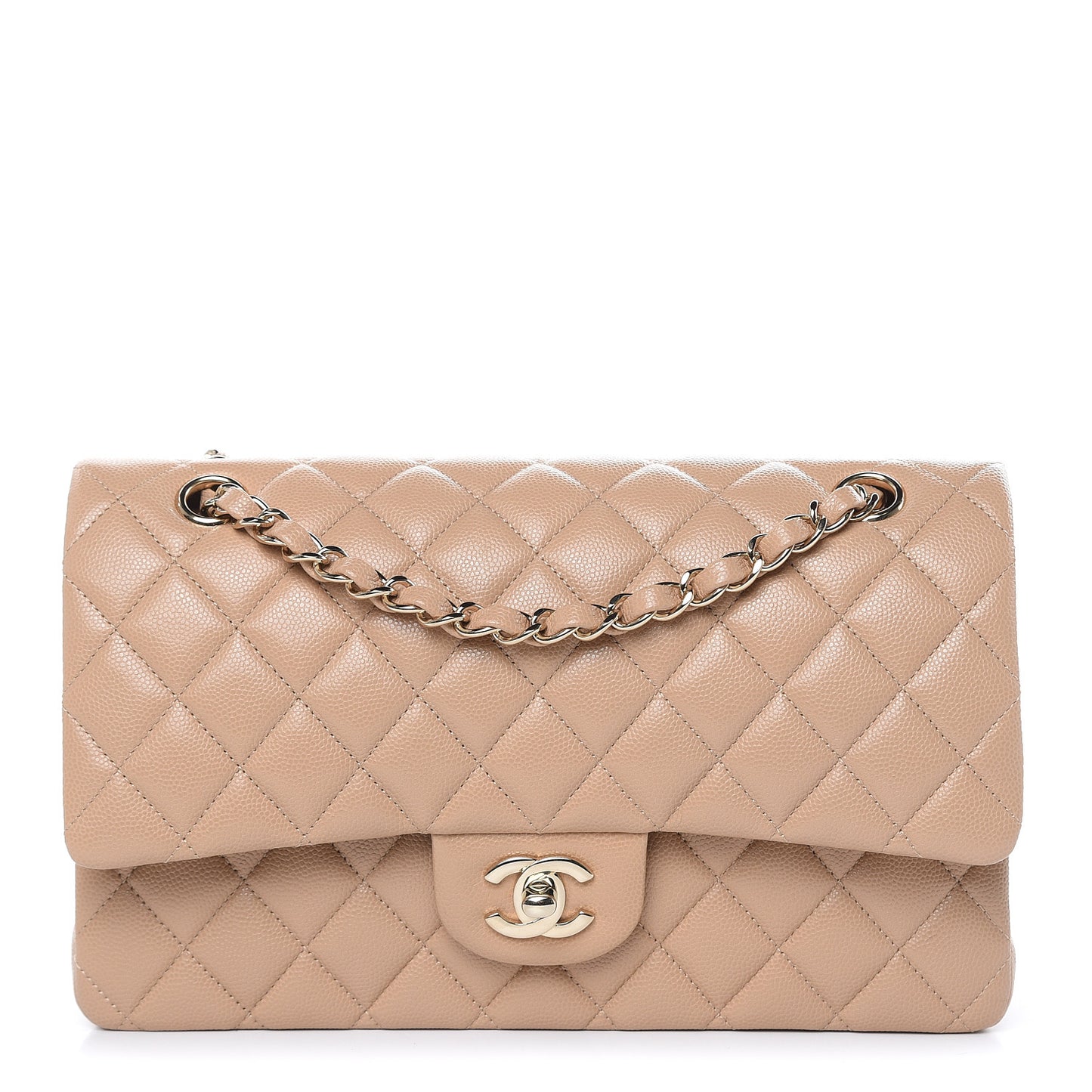 Caviar Quilted Medium Double Flap Beige