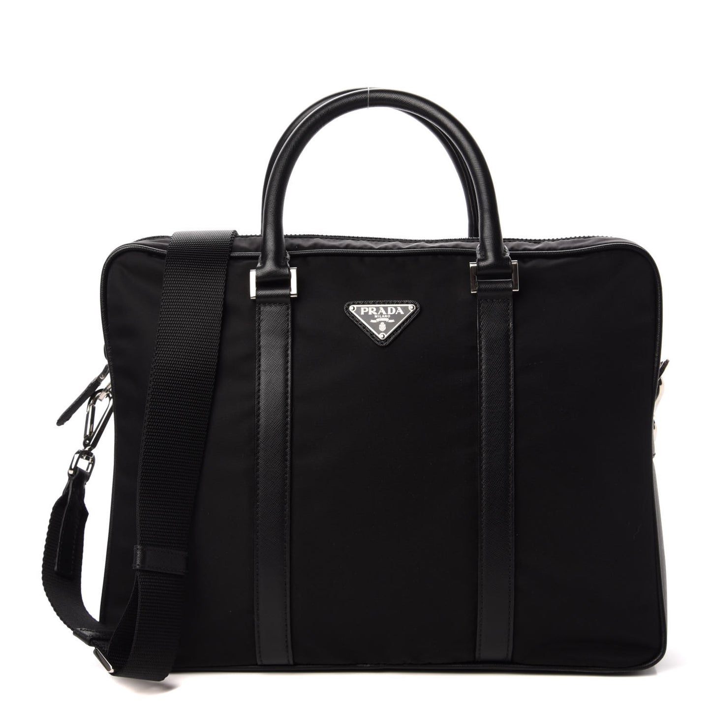 Tessuto Nylon Saffiano Metal Triangle Logo Work Bag Black