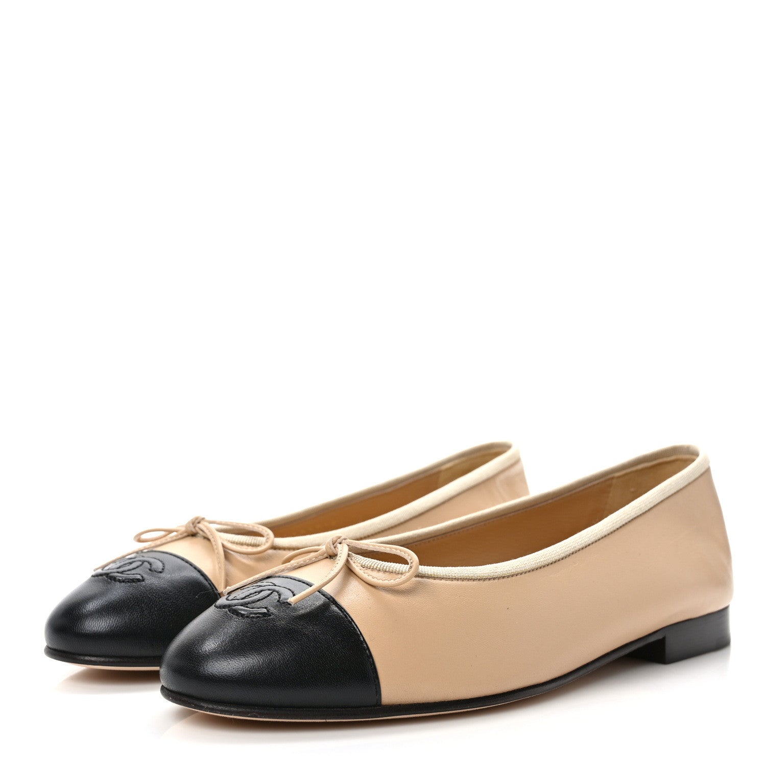 Chanel Lambskin Cap Toe CC Ballerina Flats 38 Beige Black 3 of 8