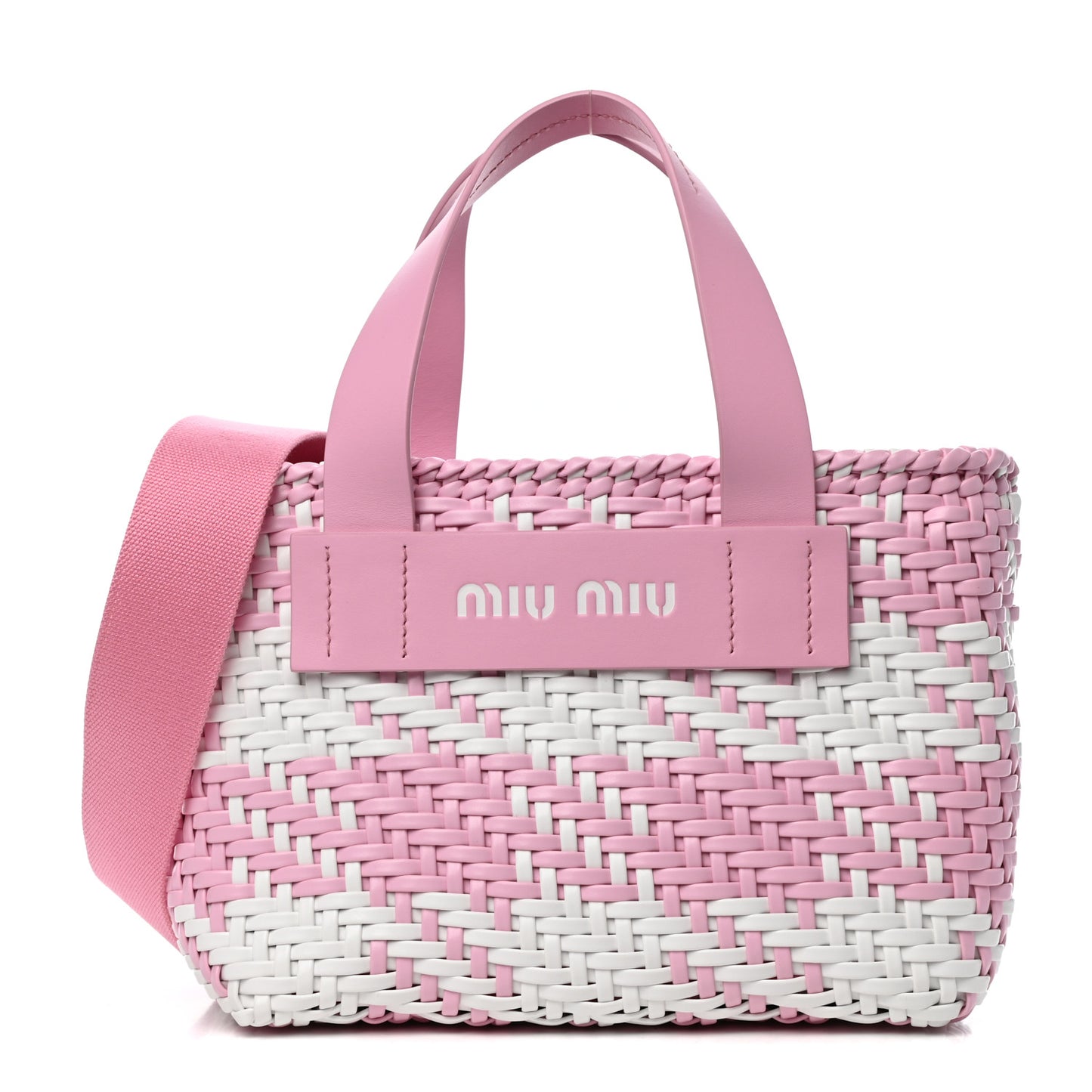 Polyurethane Calfskin Woven Bi-Color Tote Pink White