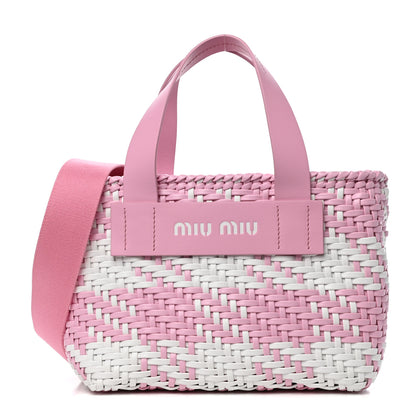 Miu Miu Polyurethane Calfskin Woven Bi-Color Tote Pink White 1 of 10