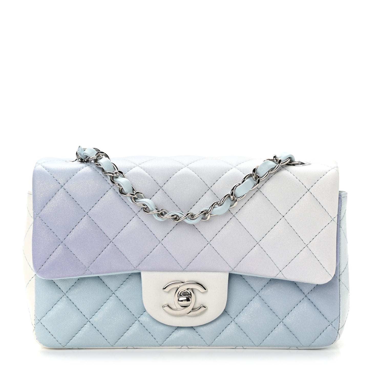 Perforated Lambskin Quilted Mini Rectangular Flap Light Blue Light Purple White