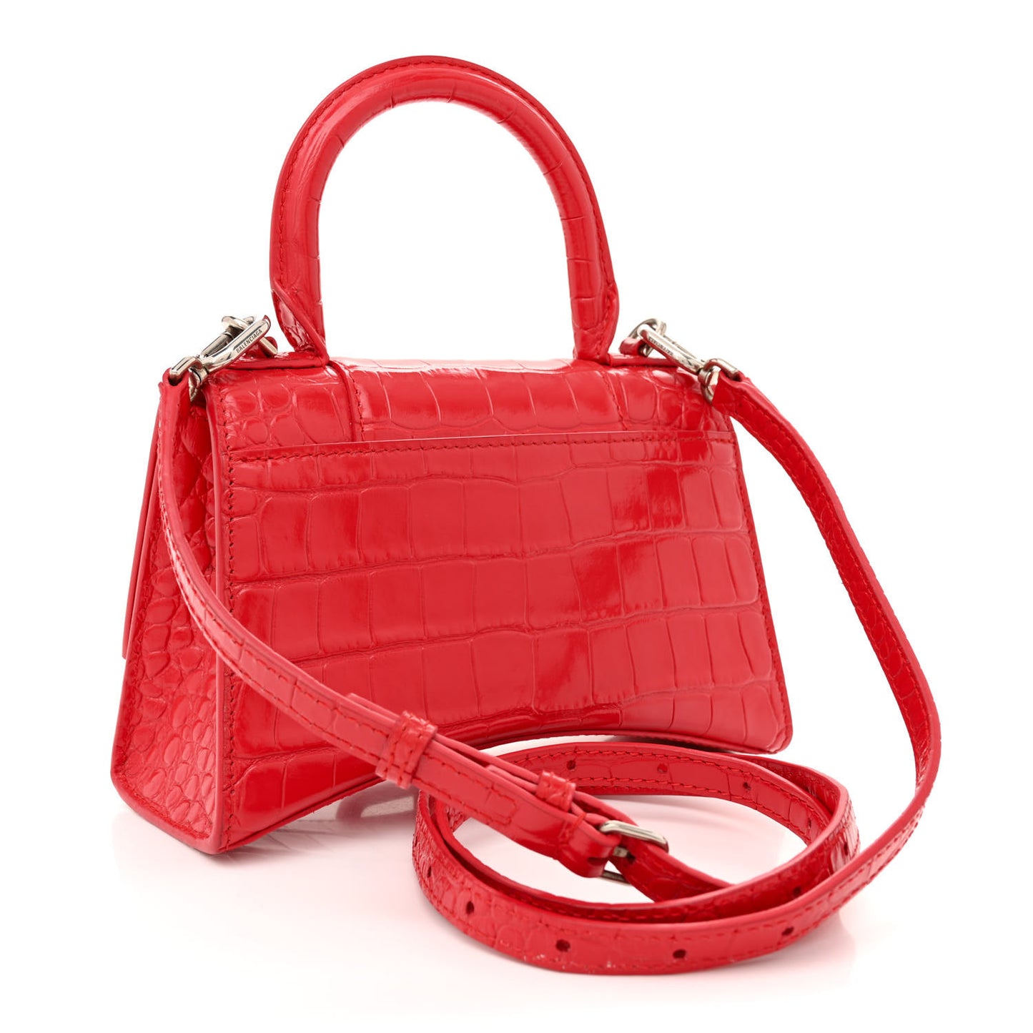 Shiny Calfskin Tonal B Crocodile Embossed Hourglass Top Handle Bag XS Bright Red