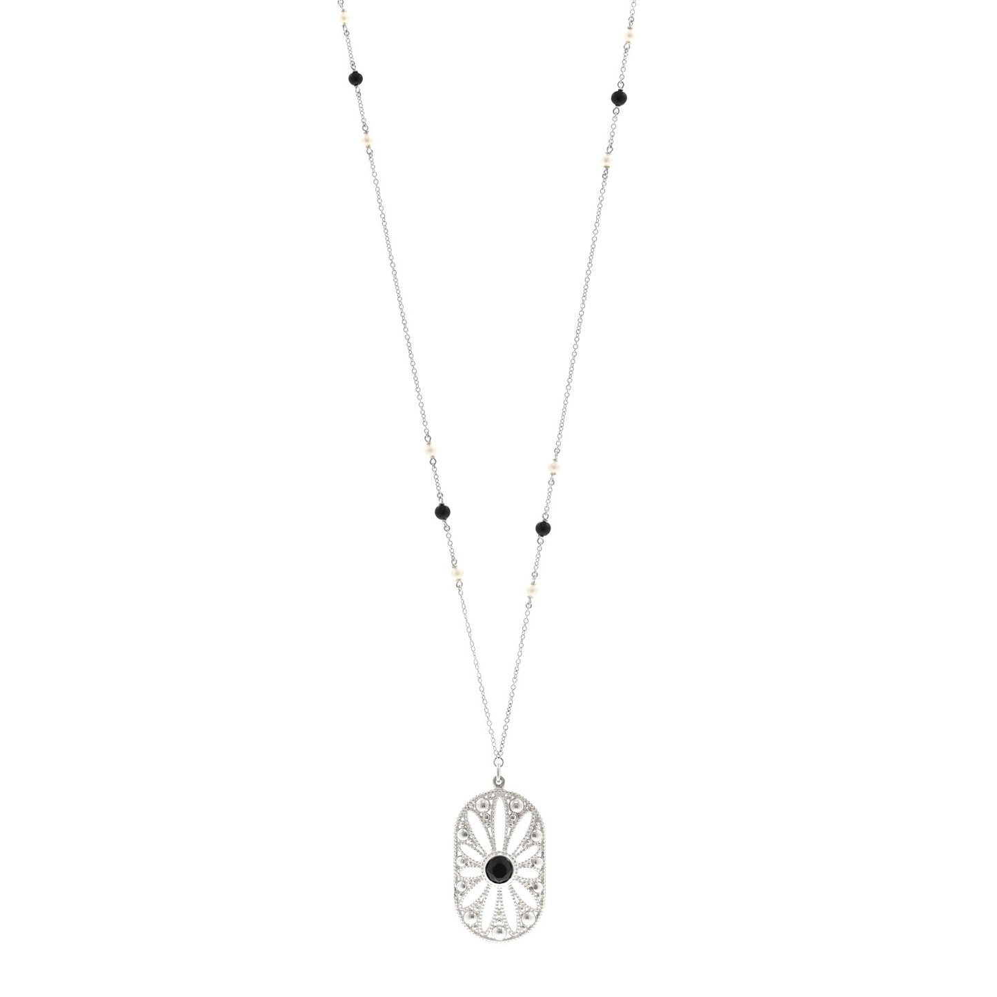Sterling Silver Black Onyx Cultured Pearl Ziegfeld Daisy Pendant Necklace