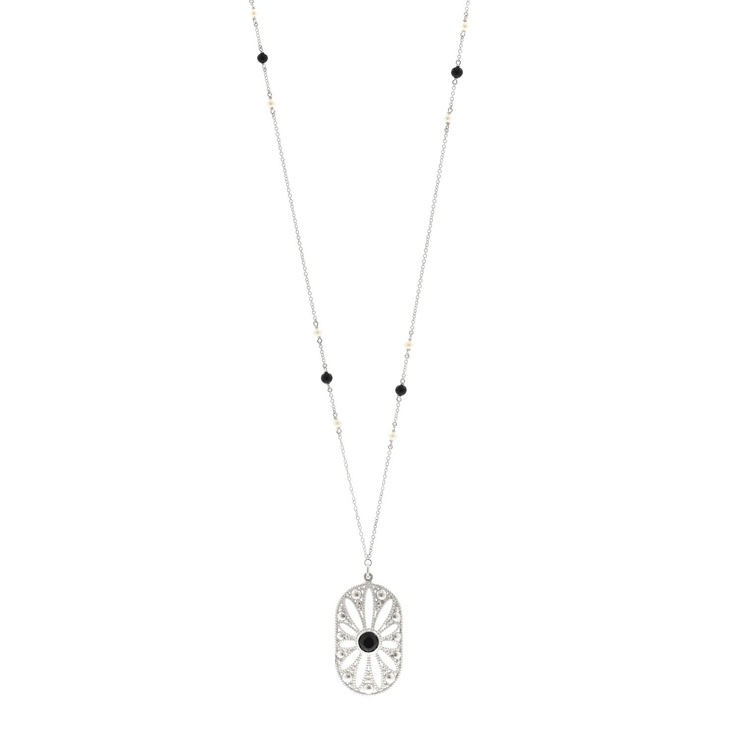 Tiffany Sterling Silver Black Onyx Cultured Pearl Ziegfeld Daisy Pendant Necklace 1 of 5