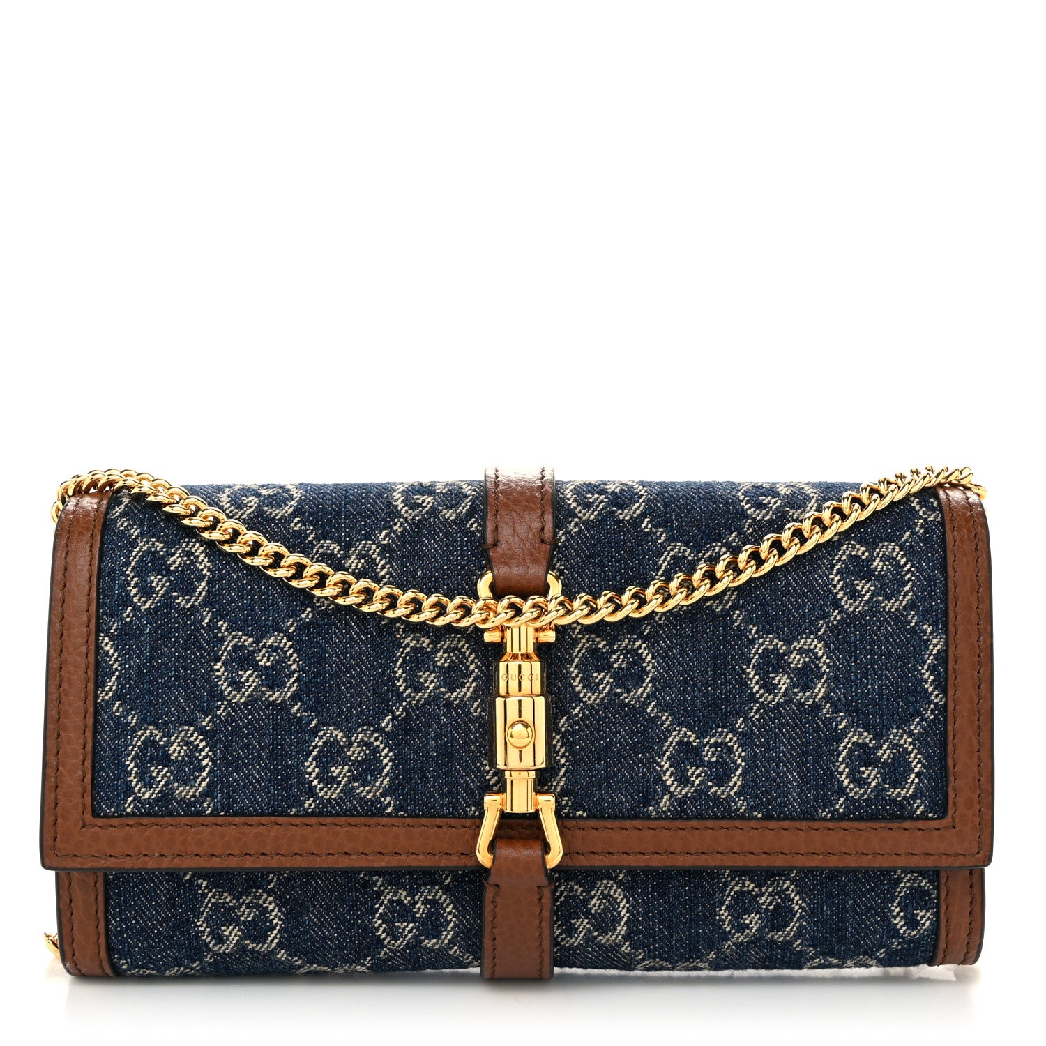 Gucci New Denim GG Monogram Jackie 1961 Chain Wallet Blue Tea Cuir 1 of 10