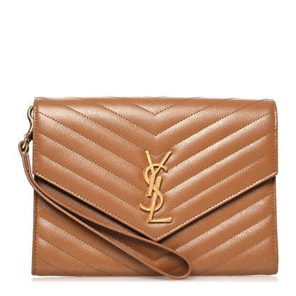 Saint Laurent Grain De Poudre Matelasse Chevron Monogram Cassandre Flap Pouch Natural Dark 1 of 10