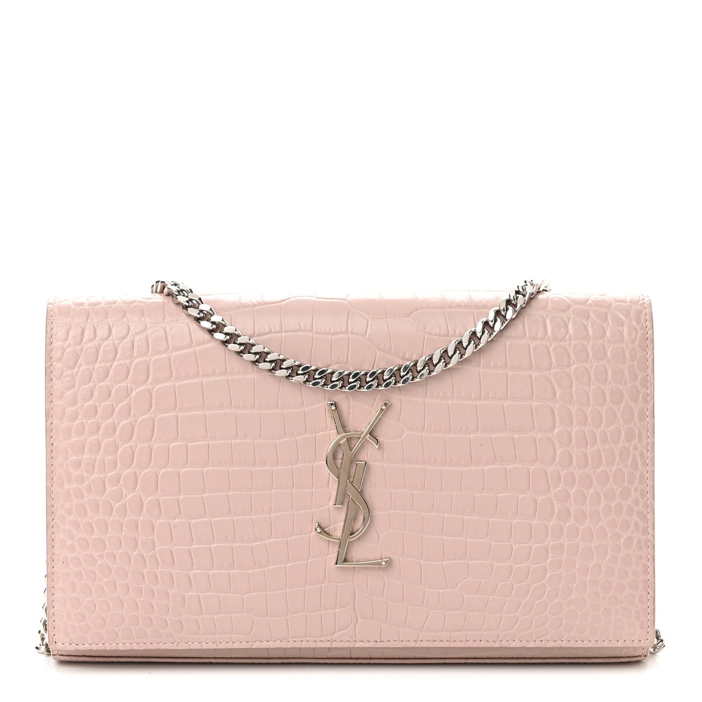 Calfskin Crocodile Embossed Monogram Chain Wallet Rose Antic