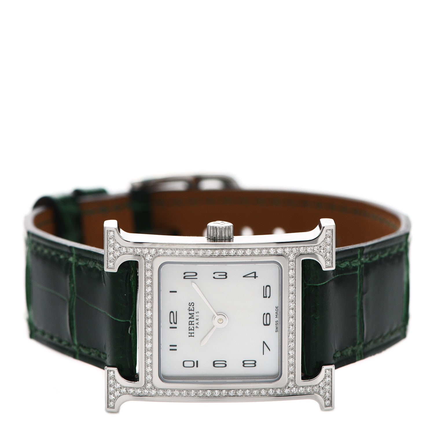 Hermes Stainless Steel Alligator Diamond Bezel Mother of Pearl 21mm Heure H Hour Quartz Watch Vert Moyen 2 of 5