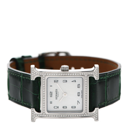 Hermes Stainless Steel Alligator Diamond Bezel Mother of Pearl 21mm Heure H Hour Quartz Watch Vert Moyen 2 of 5
