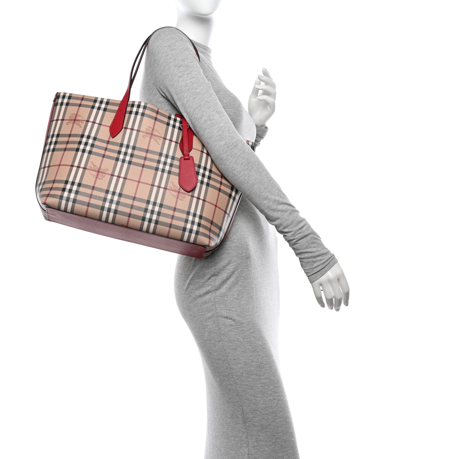 Burberry Grainy Calfskin Haymarket Check Medium Reversible Tote Red 2 of 11