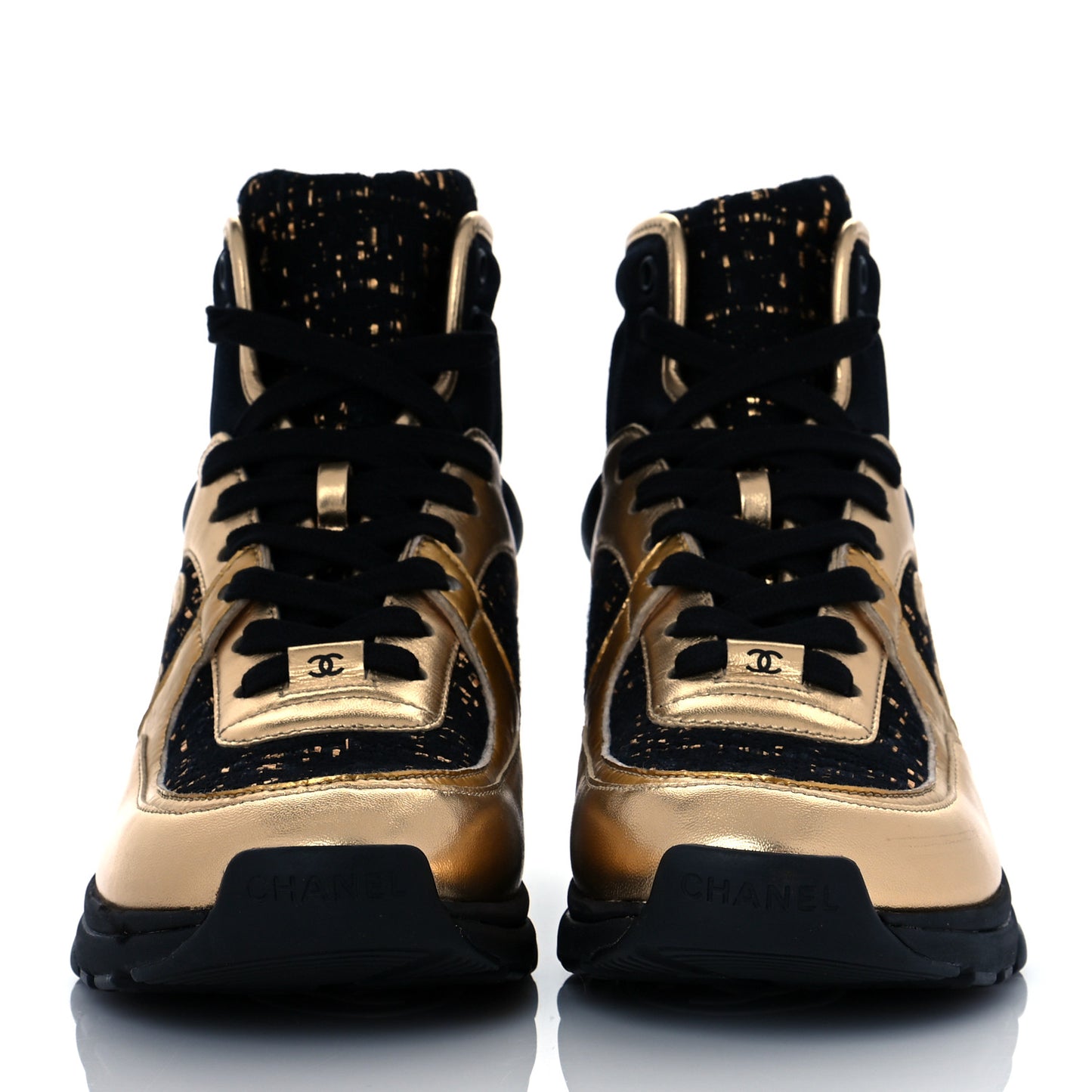 Satin Lambskin Fabric Tweed CC High Top Sneakers 38.5 Black Gold