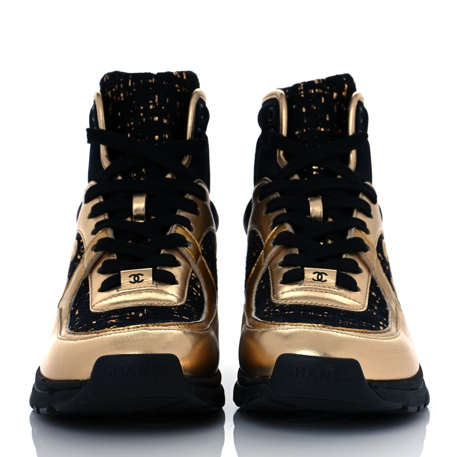 Chanel Satin Lambskin Fabric Tweed CC High Top Sneakers 38.5 Black Gold 2 of 8