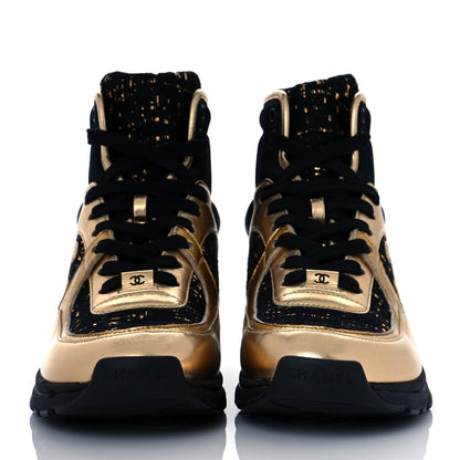 Chanel Satin Lambskin Fabric Tweed CC High Top Sneakers 38.5 Black Gold 2 of 8