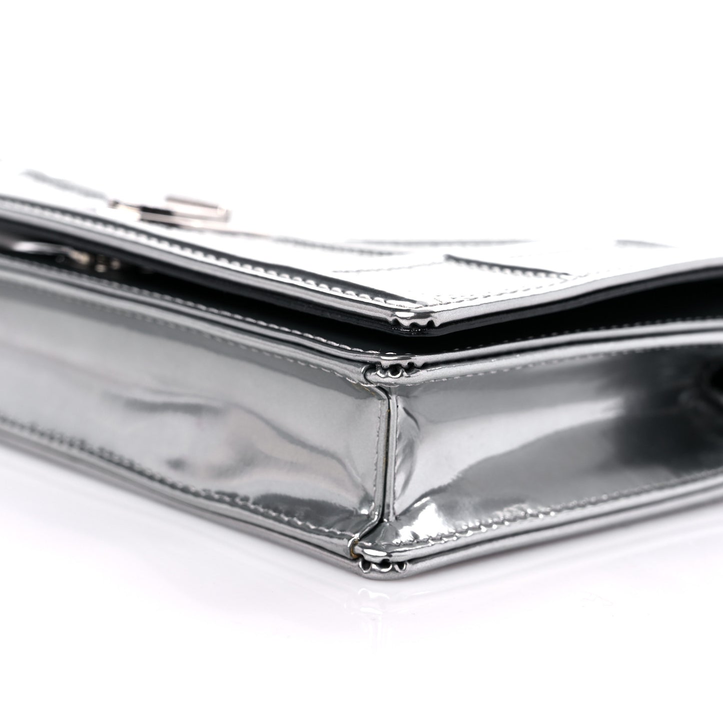 Metallic Patent Micro-Cannage Diorama Wallet on Chain Pouch Silver