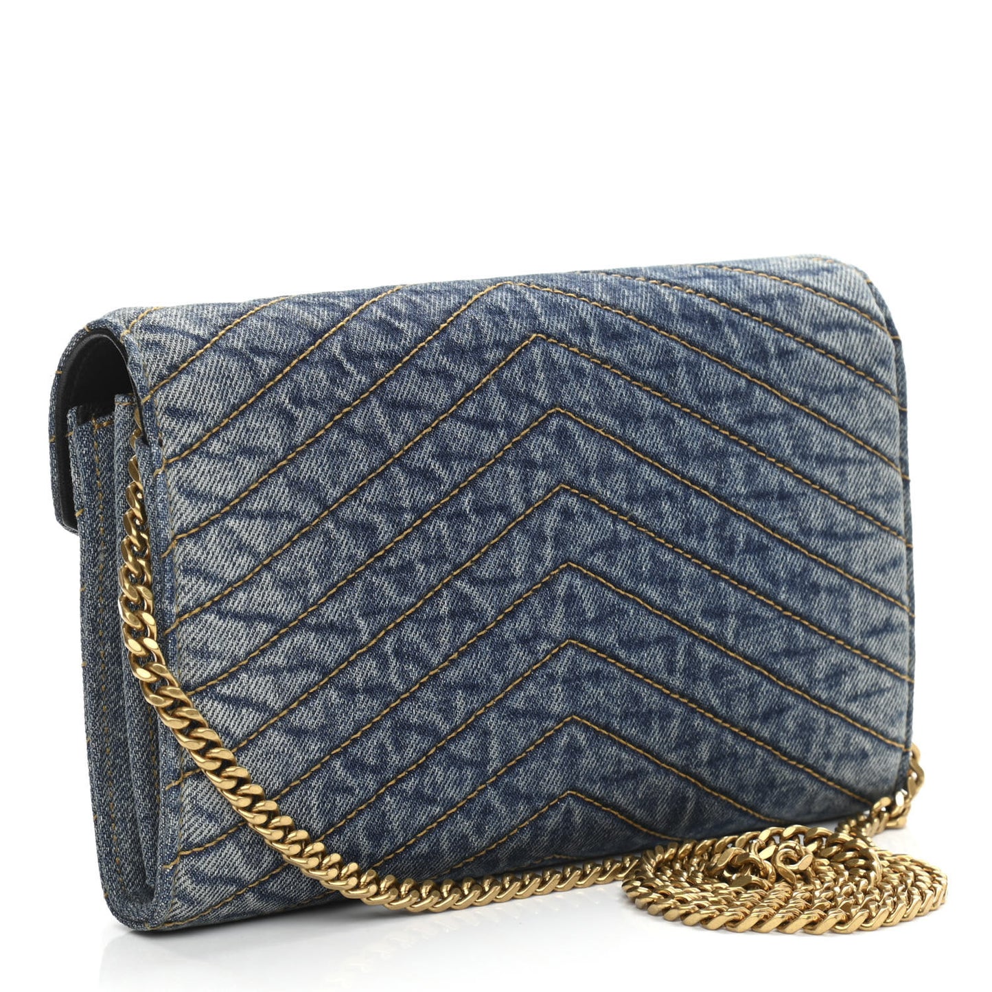 Denim Matelasse Chevron Monogram Chain Wallet Blue Jeans