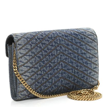 Saint Laurent Denim Matelasse Chevron Monogram Chain Wallet Blue Jeans 3 of 10