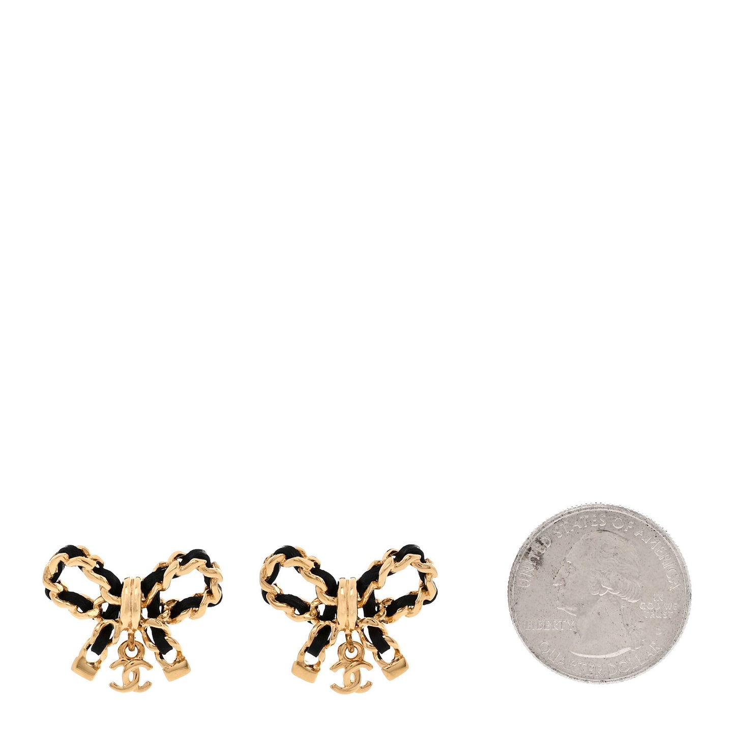 Lambskin Chain Bow Stud Earrings Black Gold