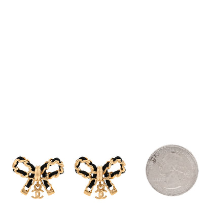 Chanel Lambskin Chain Bow Stud Earrings Black Gold 2 of 5