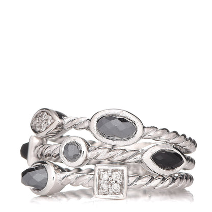 David Yurman Sterling Silver Diamond Black Onyx Hematine Confetti 3 Row Ring 50 5.5 3 of 5