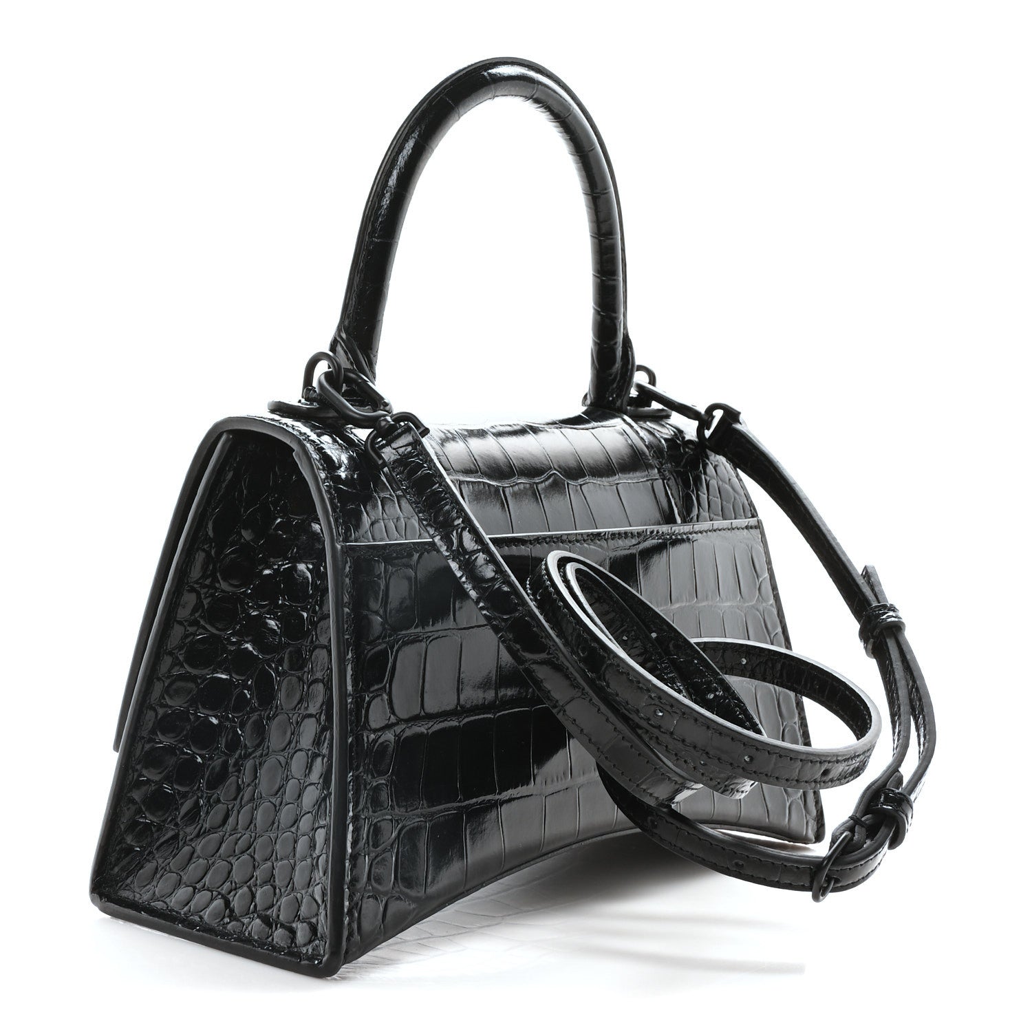 Balenciaga Shiny Calfskin Monochrome Crocodile Embossed Small Hourglass Top Handle Bag Black 3 of 9