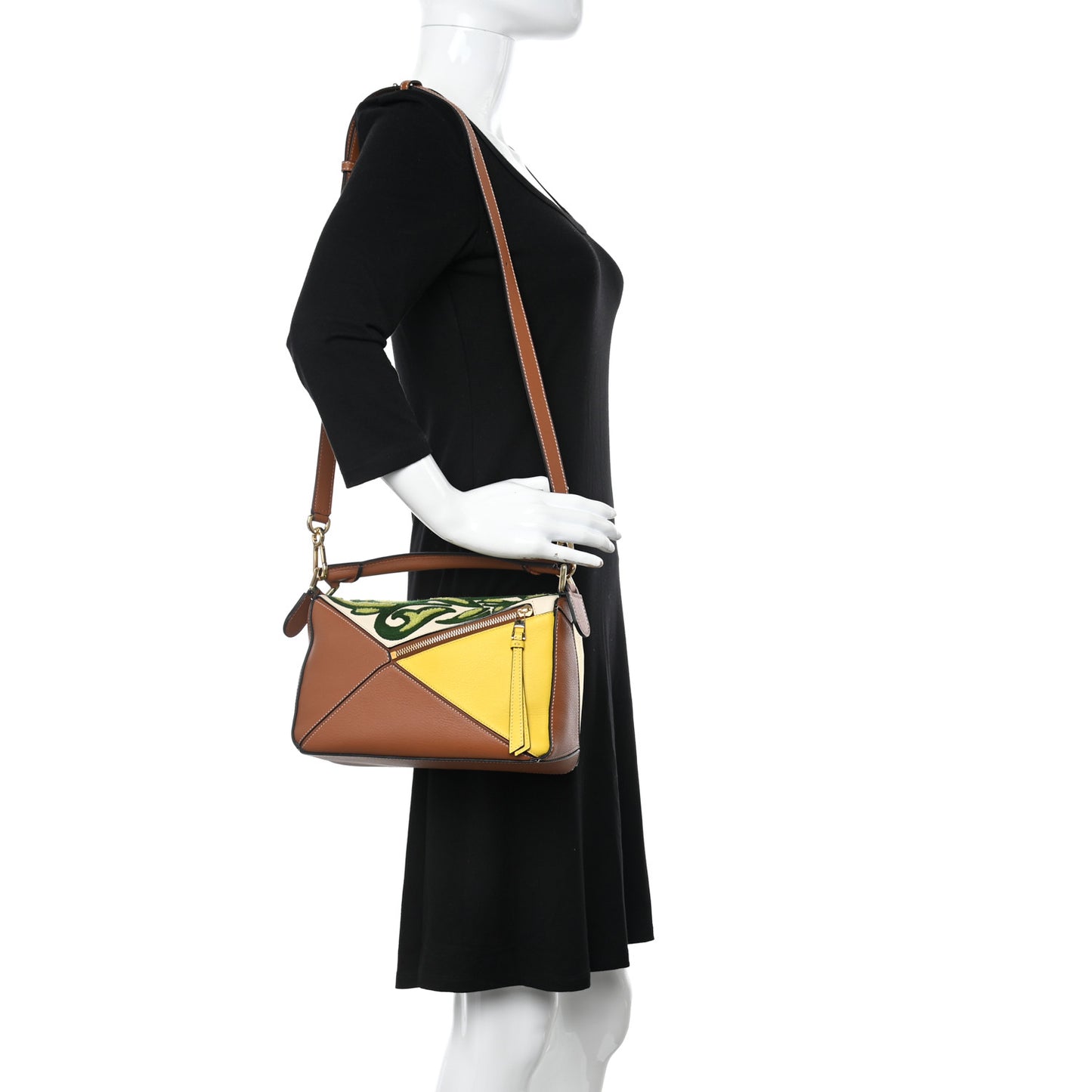 Calfskin Embroidered Floral Small Puzzle Bag Tan Yellow