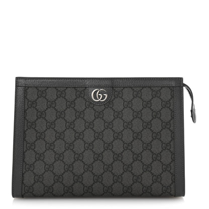 Gucci GG Supreme Monogram Textured Dollar Calfskin Ophidia Wristlet Pouch Grey Black Graphite Grey 1 of 8